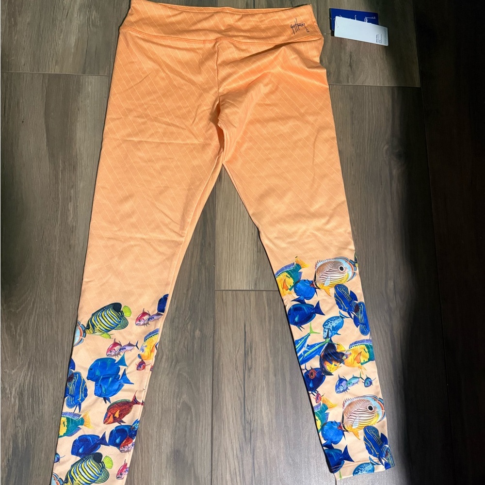 Vibrant Orange Leggings with Fish Print
